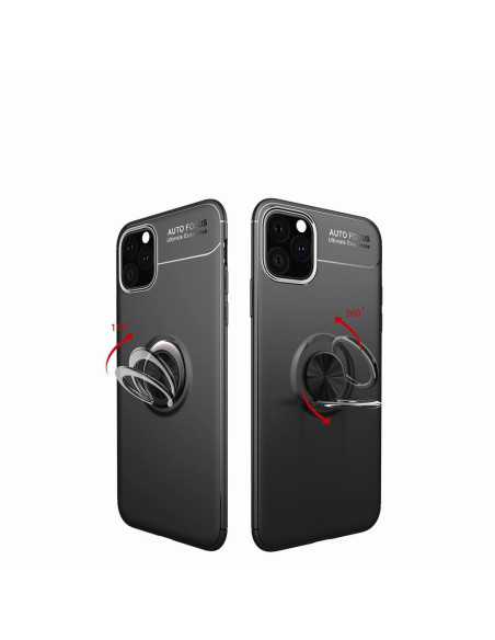 Svart stöttåligt skal för iPhone 11 Pro med ringhållare, visat från baksidan och sidan