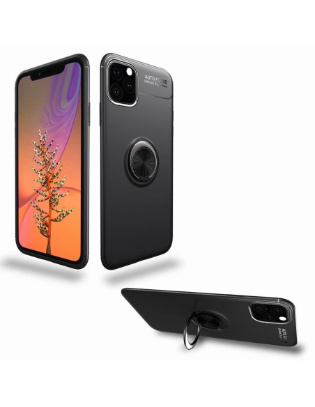 Svart stöttåligt skal för iPhone 11 Pro med ringhållare, visat från sidan med telefonen i skalet