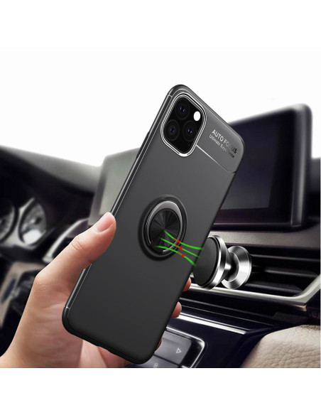 Svart stöttåligt skal för iPhone 11 Pro Max med ringhållare, hålls i handen