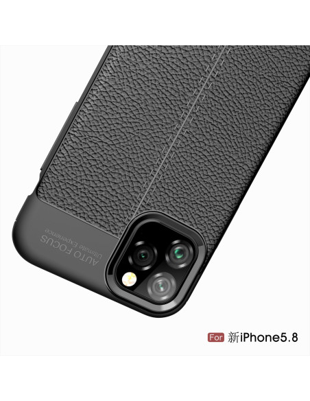 Svart läderskal för iPhone 11 Pro med kameraöppning och texturerad yta, sett bakifrån