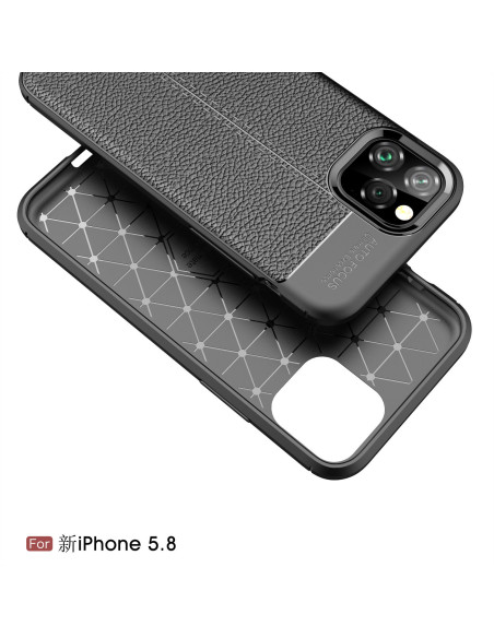 Svart läderskal för iPhone 11 Pro med detaljerad insida och kameraöppning, sett från ovan