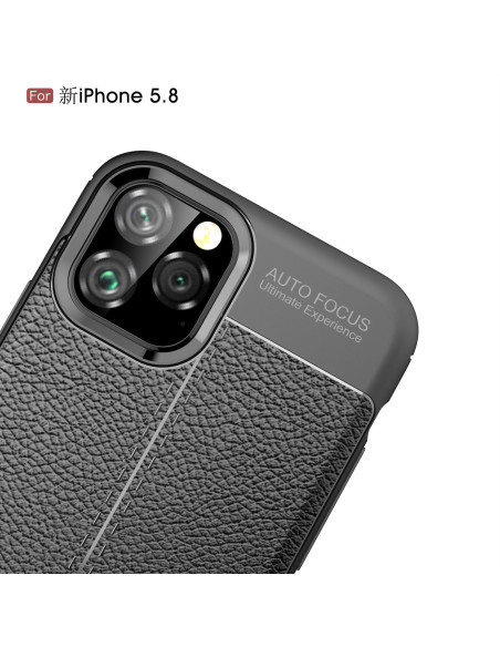 Svart läderskal för iPhone 11 Pro med kameraöppning och texturerad yta, detaljvy av baksidan