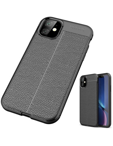 Svart stöttåligt skal i läderfinish för iPhone 11, sett från sidan med telefon monterad