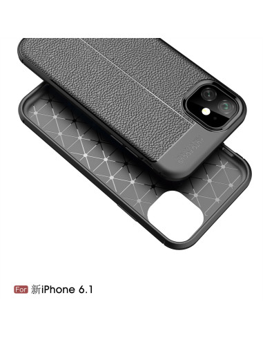 Svart stöttåligt skal för iPhone 11, detaljvy av insidan med mönster och läderfinish