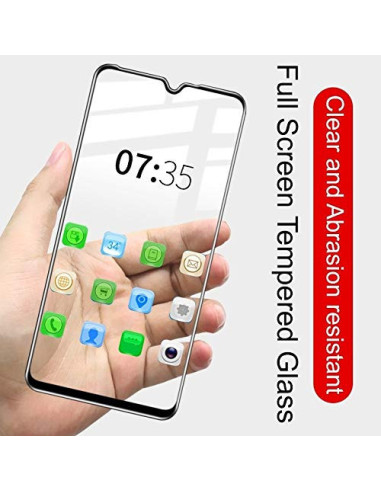 Närbild av Xiaomi Mi A3 med härdat glas, visar skärmen och ikoner tydligt