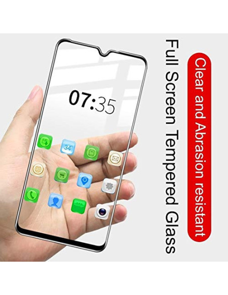 Närbild av Xiaomi Mi A3 med härdat glas, visar skärmen och ikoner tydligt