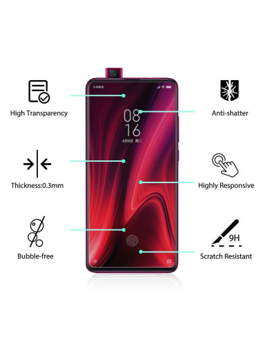 Xiaomi Mi 9T med härdat glas, visat framifrån med fokus på skärmskyddets hög transparens och responsivitet