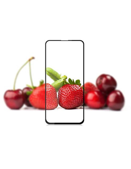 Xiaomi Mi 9T Pro med härdat glas, visad med bär och frukter i bakgrunden