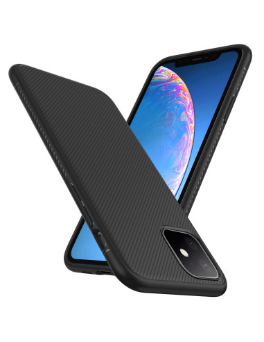 iPhone 11 skal i fullcarbon med ribbad yta, sett från sidan och framifrån
