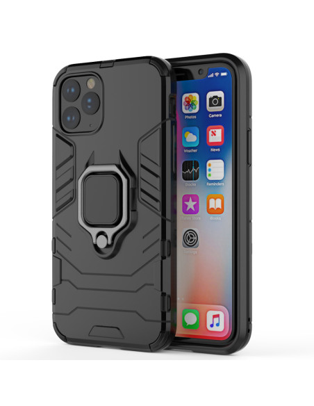 Svart stöttåligt skal för iPhone 11 Pro med ringhållare, sett från sidan med telefon insatt