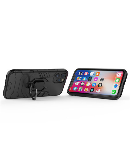 Svart stöttåligt skal för iPhone 11 Pro med ringhållare, visat i trekvarts vy med telefon insatt