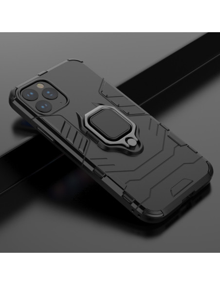 Svart stöttåligt skal för iPhone 11 Pro med ringhållare, visat i detaljvy från sidan