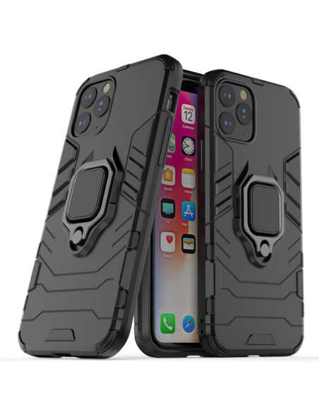 Svart stöttåligt skal för iPhone 11 Pro med ringhållare, visat i trekvarts vy utan telefon