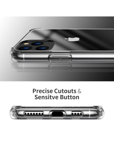 Detaljvy av genomskinligt skal för iPhone 11 Pro Max som visar knappar och portutskärningar