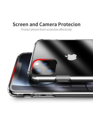 Detaljvy av iPhone 11 genomskinligt skal som visar kamerautskärning och skärmskydd