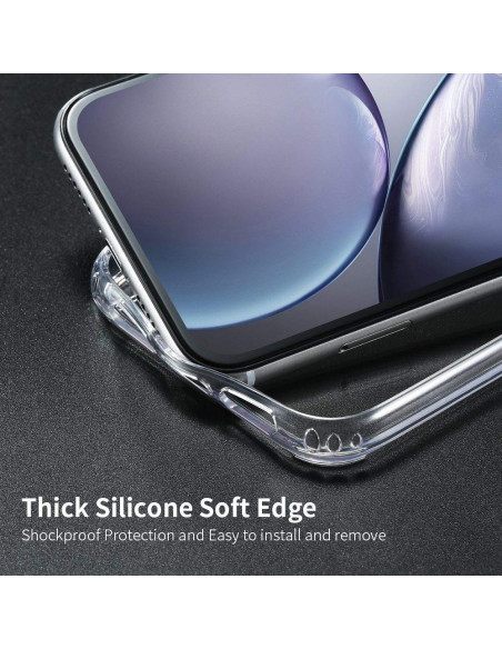 iPhone 11 genomskinligt skal med tjocka silikonkant, sett framifrån med telefon monterad