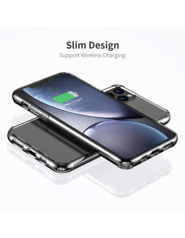 iPhone 11 genomskinligt skal sett snett bakifrån med telefoner monterade, visar trådlös laddning