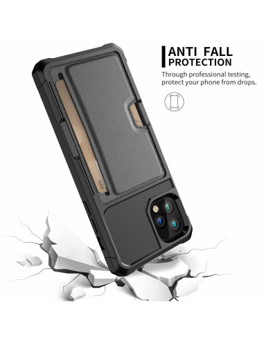 Svart iPhone 11 Pro Max skal med kortfack och stativ, visat från sidan
