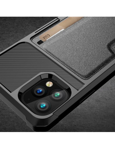 Detaljvy av svart stöttåligt skal för iPhone 11 Pro Max med kortfack och kamerautskärning
