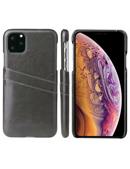 Svart iPhone 11 Pro Max skal med korthållare i retrodesign, sett från sidan och framifrån