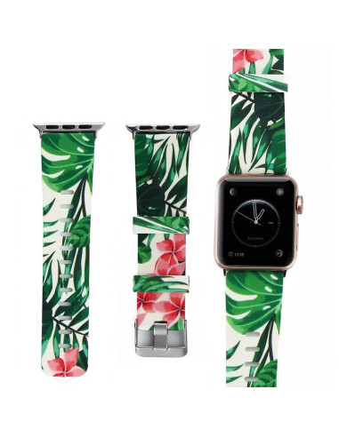 Silikonarmband för Apple Watch 38/40/41mm med tropiskt blommönster, sett från flera vinklar