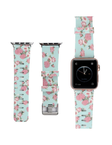 Silikonarmband för Apple Watch 38/40/41mm med blommönster i mintgrön, sett från flera vinklar