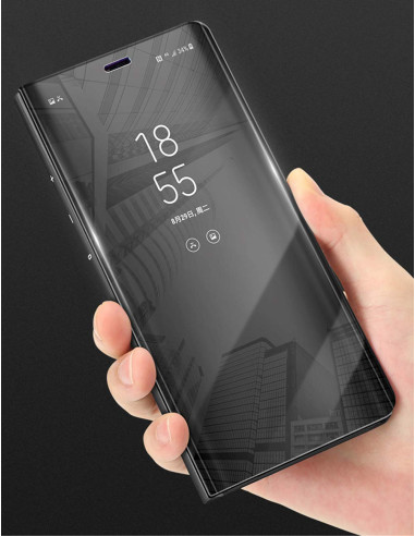 Huawei P30 Pro Smart Flipfodral Clear View Standing V2 Rocket i svart, hålls i hand med skärmvisning