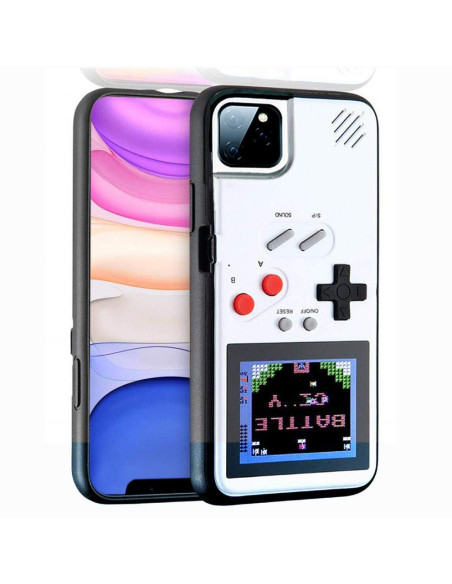 iPhone 11 Pro med Gameboy-skal, visande färgskärm och kontroller från sidan