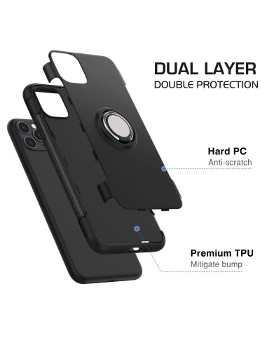 Detaljvy av iPhone 11 Pro skal med ringhållare, visad från sidan för att visa dubbla skyddslag