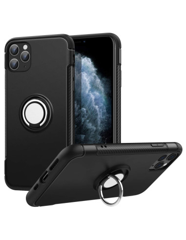 Svart stöttåligt skal för iPhone 11 Pro Max med ringhållare, visat från sidan och bakifrån