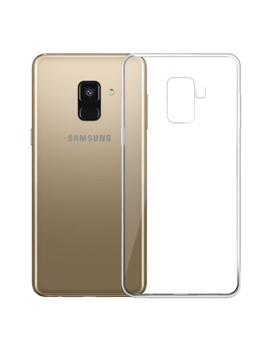 Samsung A6 2018 skal med transparent baksida och mjuk ram, sett från sidan