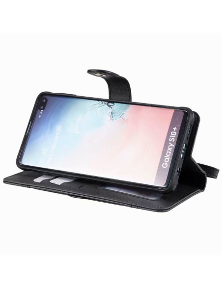 Svart fodral för Samsung S10 med öppet lock och telefon monterad, kortfack synliga