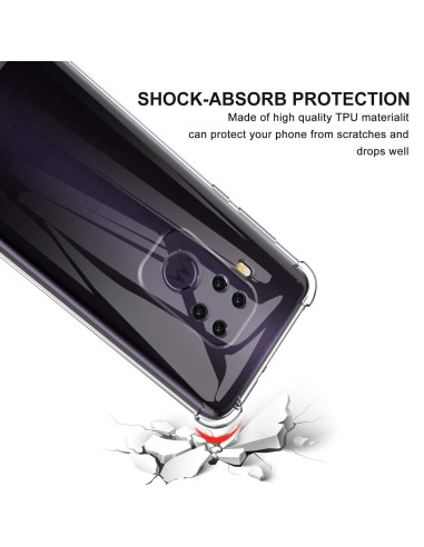 Närbild av Motorola One Zoom skal i transparent TPU, med fokus på förstärkta hörn och stötabsorberande design
