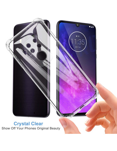 Motorola One Zoom skal i transparent TPU, hålls i handen med telefonen synlig bakom