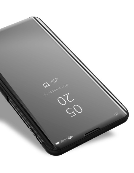 Framifrån vy av OnePlus 7T Smart Flipfodral Clear View med notifieringar synliga