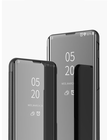 Detaljvy av OnePlus 7T Flipfodralet i svart, med skärmen synlig och notifieringar framträdande