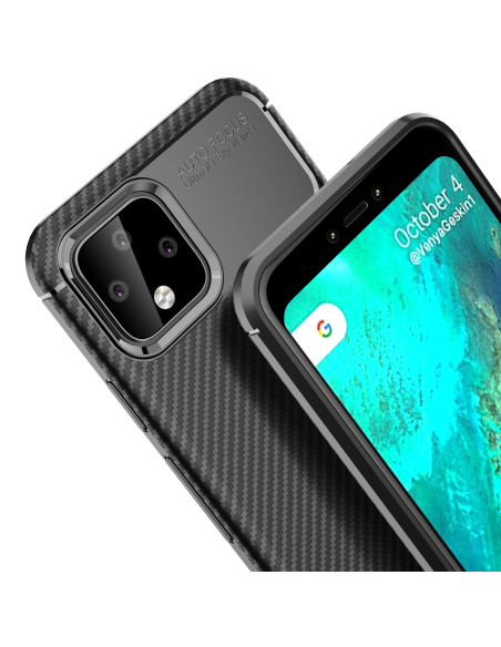 Detaljvy av Google Pixel 4 XL skal i fullcarbon, med fokus på kamerautskärning och skärmkanter