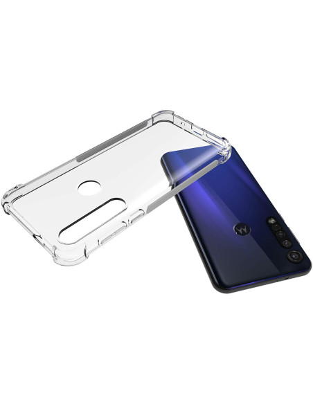 Transparent Motorola Moto G8 Plus skal med förstärkta hörn, sedd ovanifrån med telefonen delvis synlig