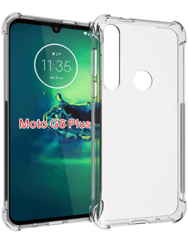 Motorola Moto G8 Plus skal i transparent TPU, visat framifrån med telefonen inuti
