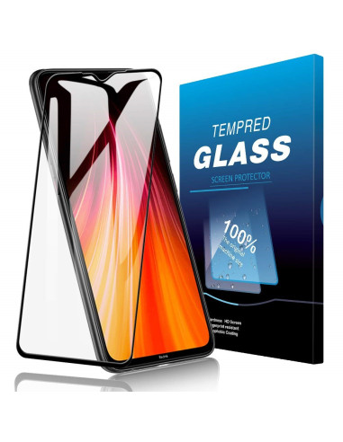 Härdat glas för Xiaomi Redmi Note 8 Pro, monterat på telefon med förpackning i bakgrunden