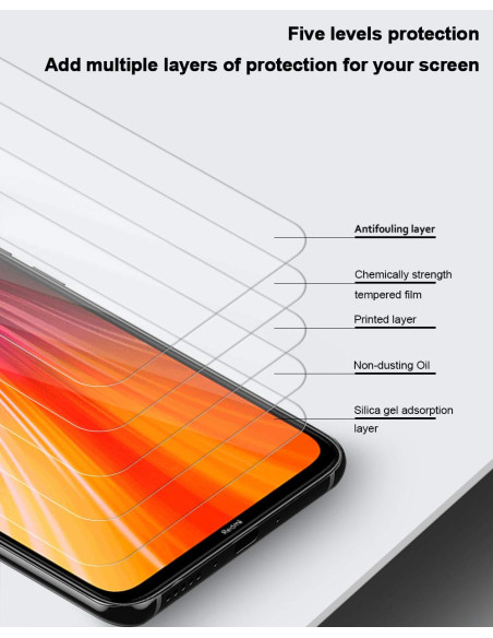 Detaljvy av skyddande lager i härdat glas för Redmi Note 8 Pro