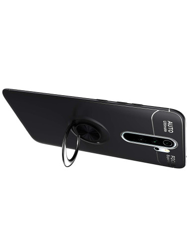 Svart stöttåligt skal för Xiaomi Redmi Note 8 Pro med ringhållare, visat från en sned vinkel