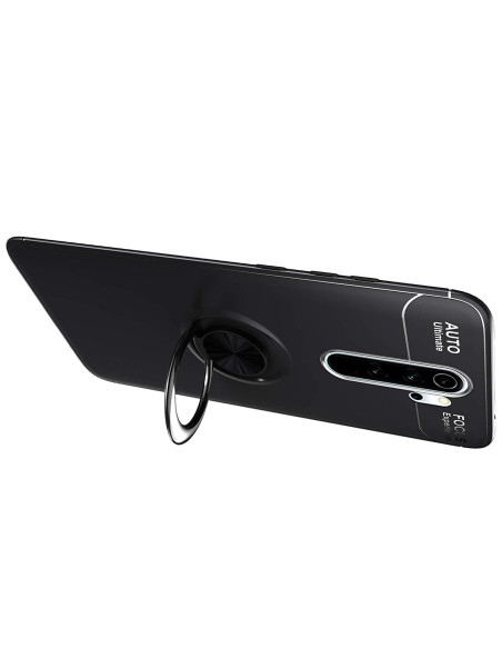 Svart stöttåligt skal för Xiaomi Redmi Note 8 Pro med ringhållare, visat från en sned vinkel