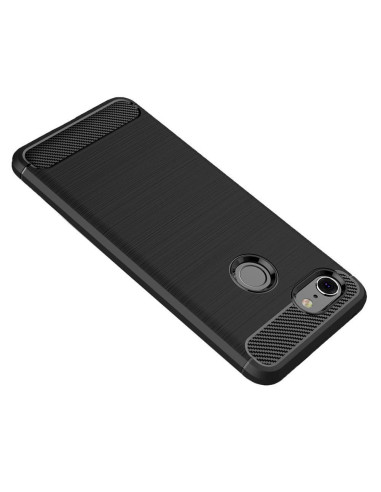 Google Pixel 3 SlimCarbon-skal i svart med texturerad yta, sett snett bakifrån