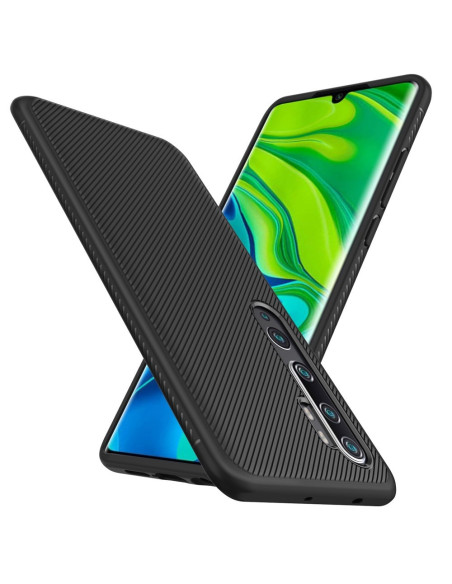 Svart fullcarbon skal för Xiaomi Mi Note 10 / 10 Pro med ribbad yta, sett från sidan