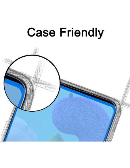 Detaljvy av härdat glas för Samsung A71 som visar 3D-kant och anpassning för fodral