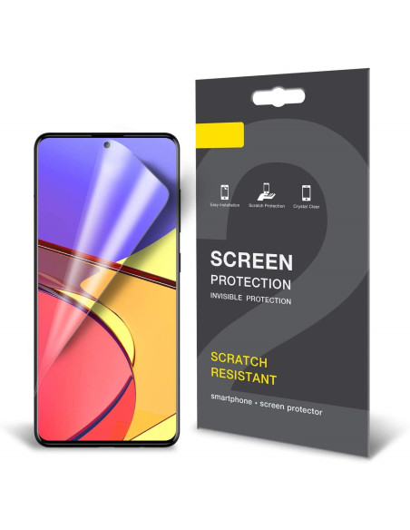 Transparent skärmskydd för Samsung A71, monterat på telefon med förpackning i bakgrunden