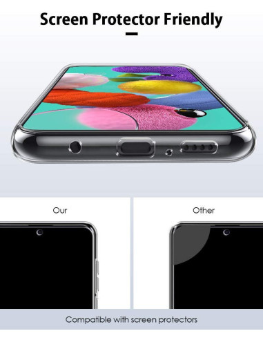 Närbild av Samsung A51 med genomskinligt skal, fokus på portarna och skärmskyddsvänlig design