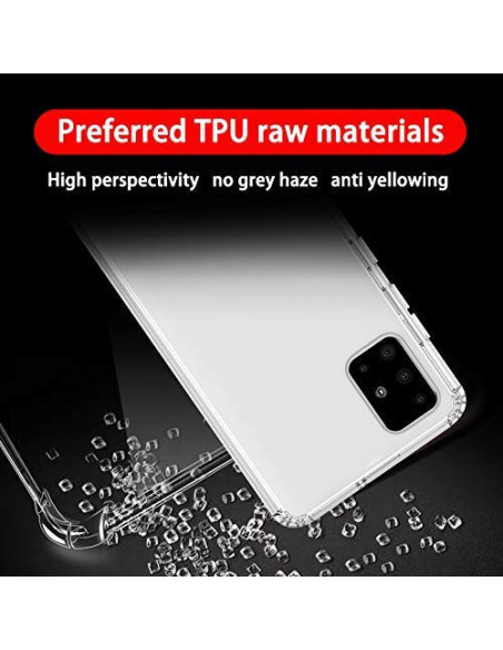 Närbild av transparent stöttåligt skal för Samsung A71 med fokus på material och design