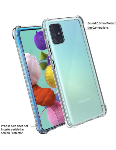 Samsung A71 med transparent stöttåligt skal, sedd från sidan med fokus på kamerautskärning